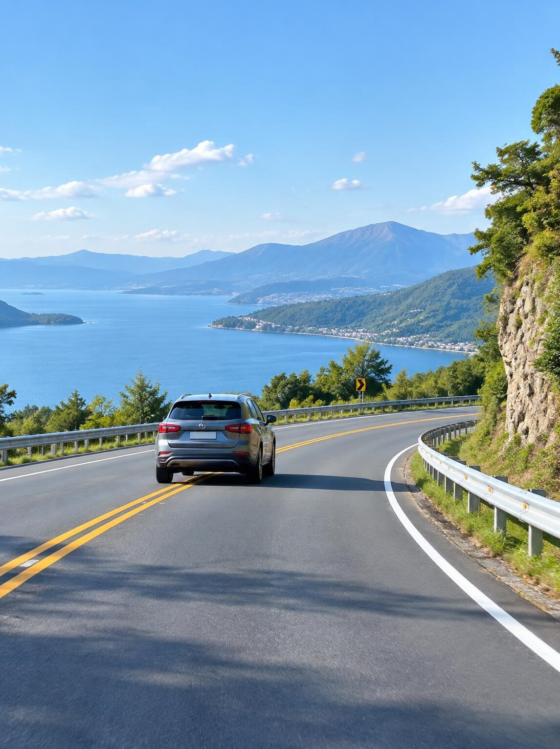 Car driving carefully on a scenic winding road