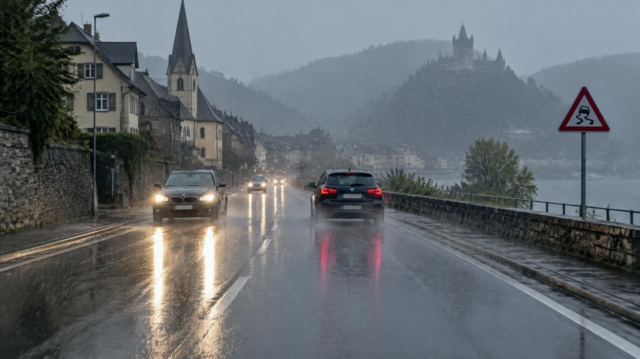 Rainy road with wet asphalt and car lights